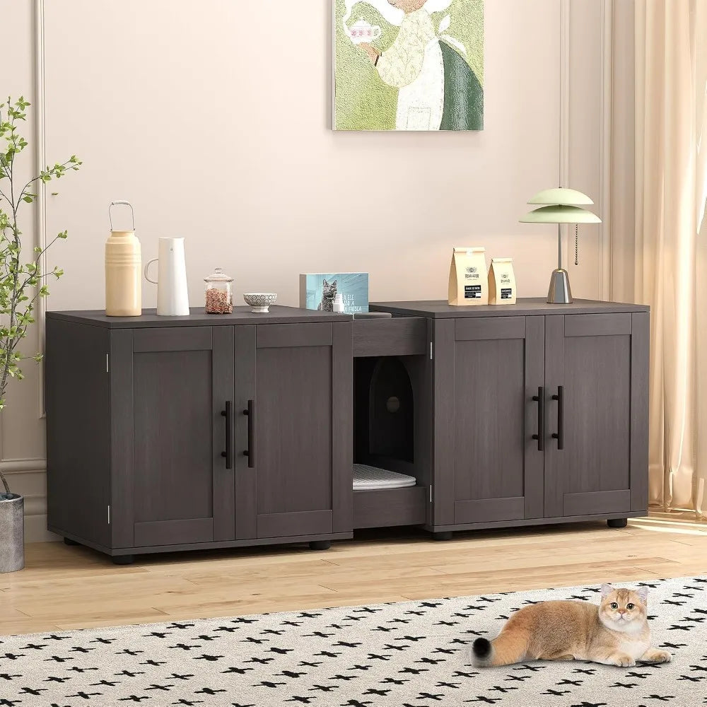Garvee Wooden Double Room Cat Litter Box Enclosure Furniture