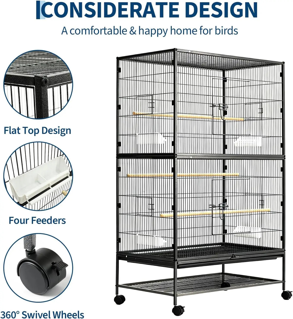 HiMISS Large Bird Cage With Rolling Stand And Feed Bowls