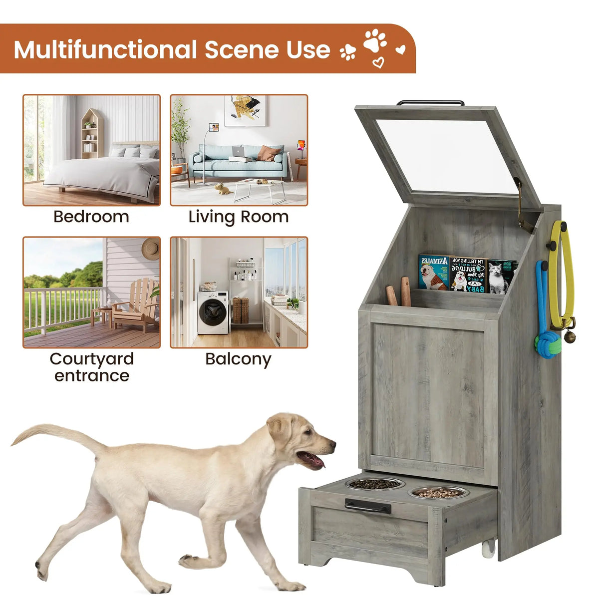 Elevated Dog Food Storage Cabinet With Stainless Steel Bowls