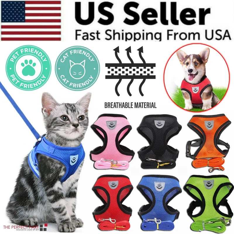 Adjustable Reflective Pet Harness With Leash For Dogs And Cats