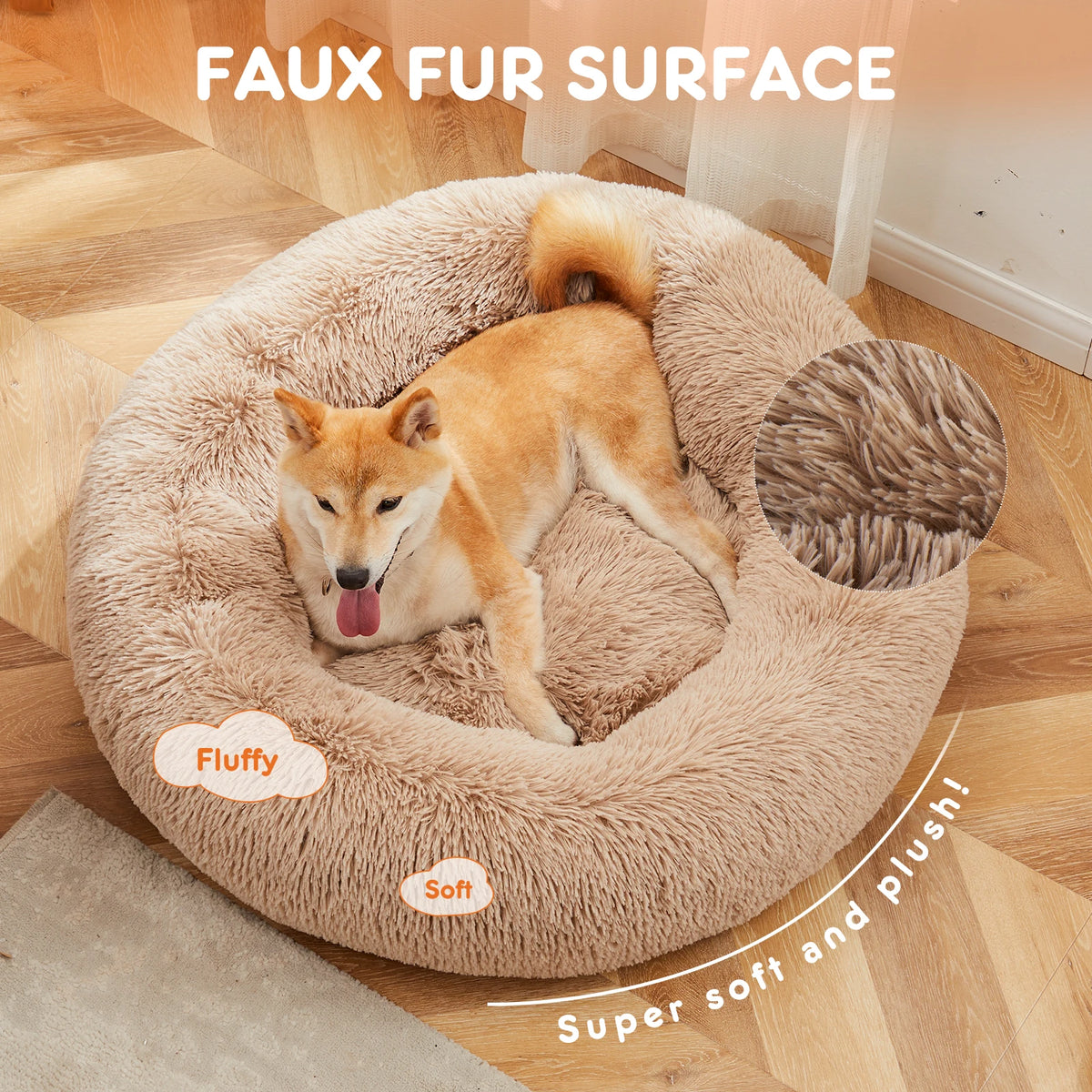 JHK Calming Round Dog Bed Soft Fluffy Plush Washable