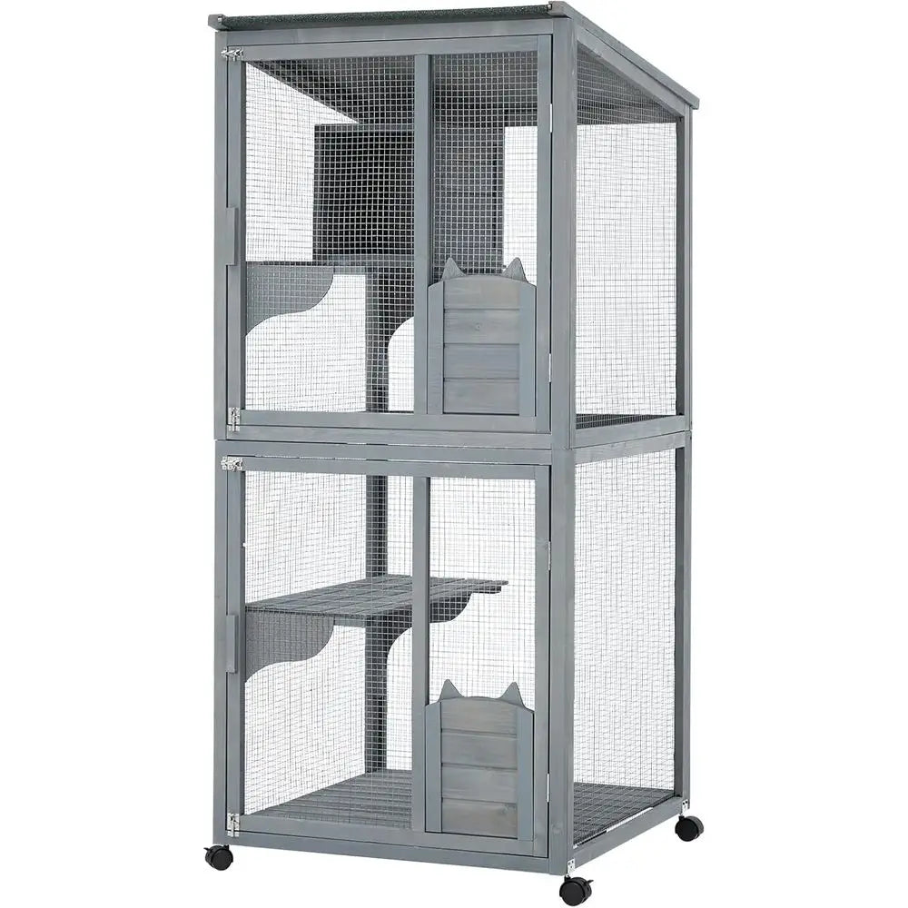 Multi Level Cat Enclosure With Lockable Wheels And Cabin