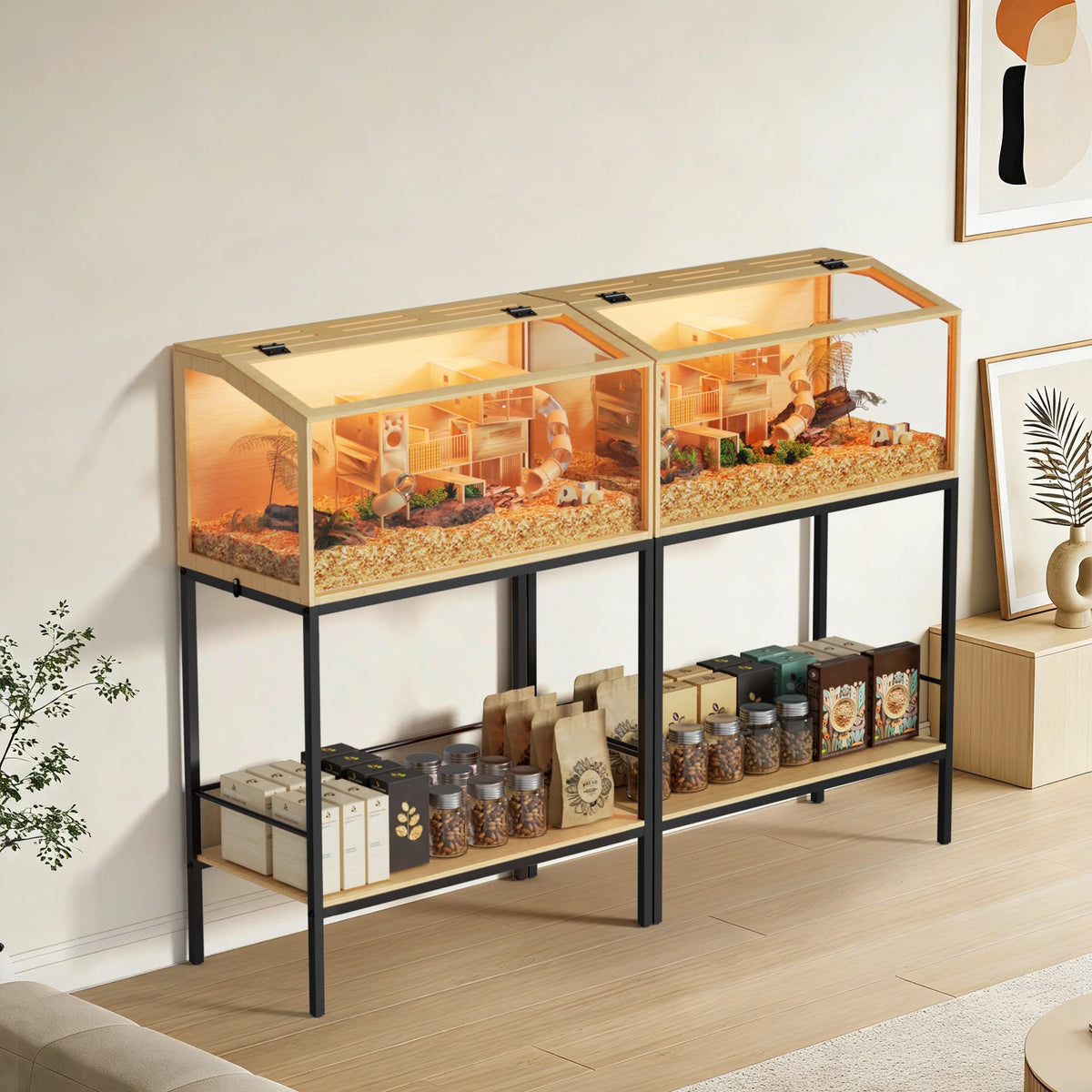 Wooden Hamster Habitat With Tempered Glass And LED Lighting