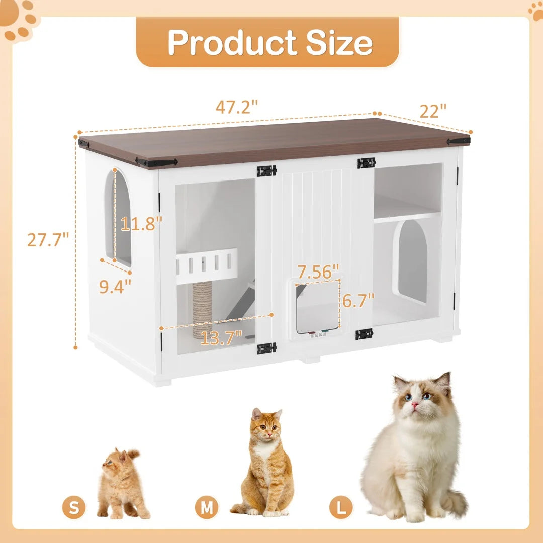 47.25" Large Hidden Litter Box Enclosure with LED Light & Cat Scratching Post, Smart Door Cat Litter Box Furniture with Stairs, Multi-Functional Cat House Side Table for Living Room, White