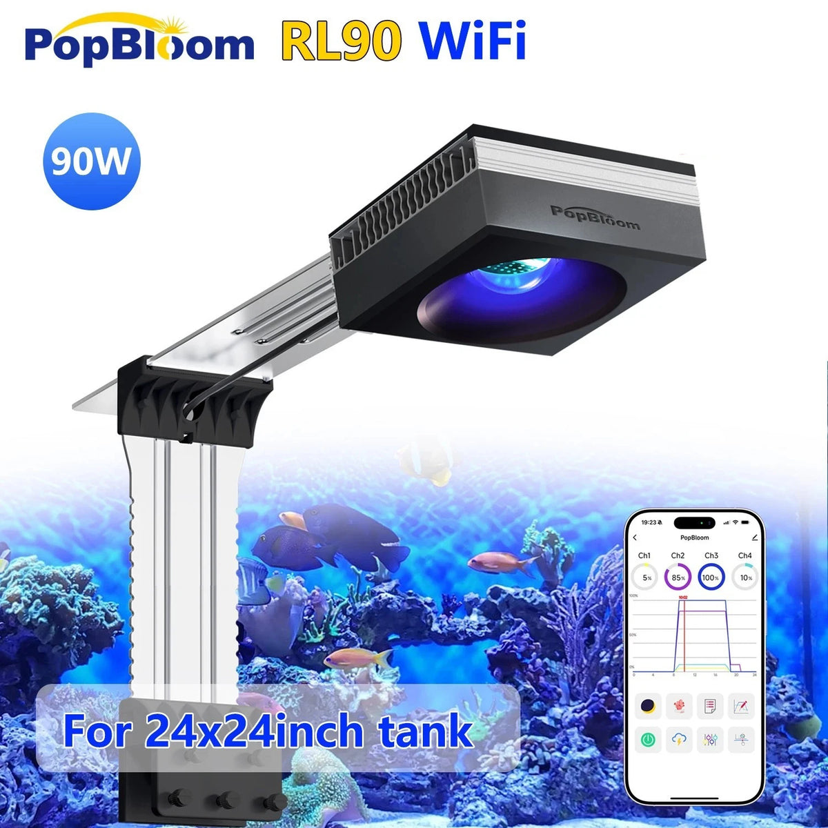 PopBloom WiFi Reef LED Light, 60W 90W 120W Full Spectrum Marine Reef LED Aquarium Lighting for Soft/LPS Corals & Saltwater Fish Nano Tanks, Built-in Timer, Sunrise Sunset
