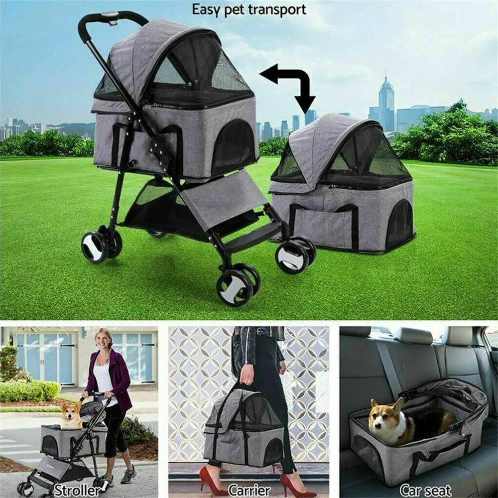 Foldable Pet Stroller With Storage Basket And Durable Wheels
