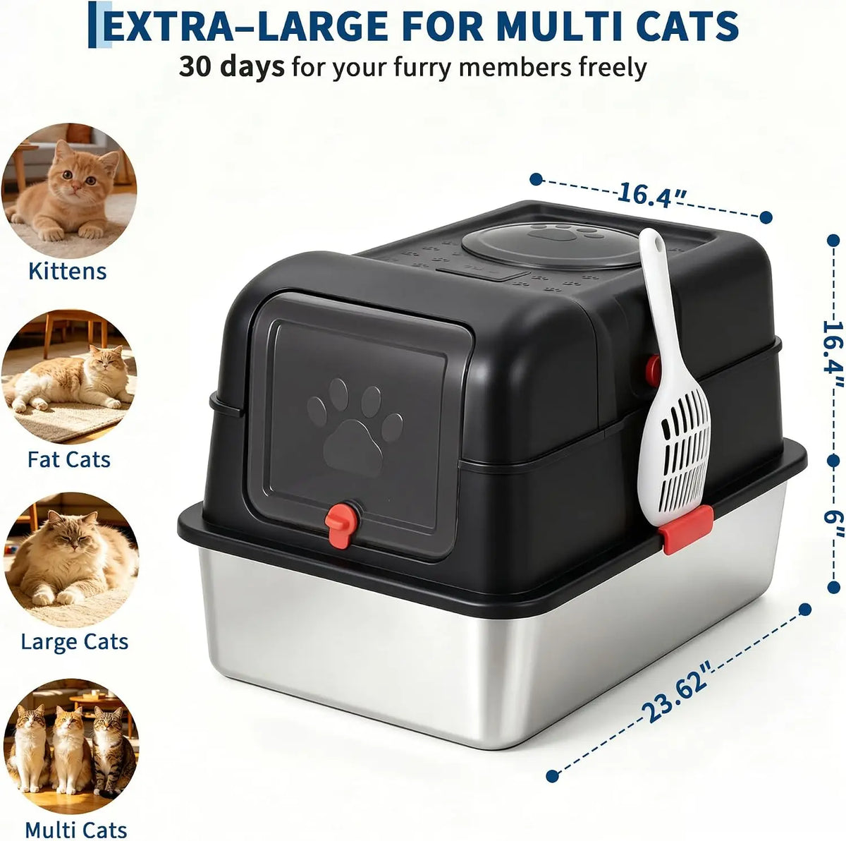 Non-Stick Stainless Steel Litter Box | No-Mess Odor Control Anti-Leak Cat Litter Box, 3-in-1 Fully Enclosed High-Sided Litterbox with Flip Top