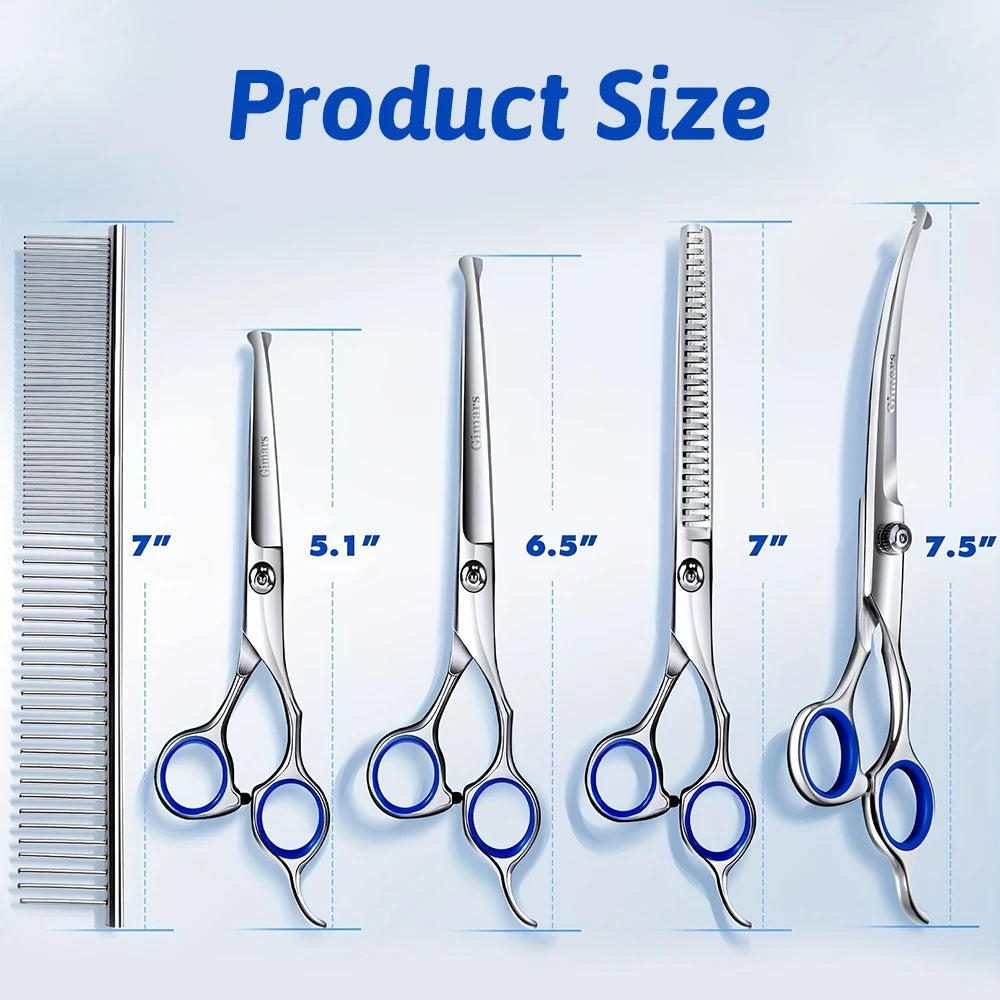 7-in-1 Professional Dog Grooming Scissors Set Stainless Steel Pet Clippers with Ceramic Coating Ergonomic Handle Safe round Tips And Storage Case