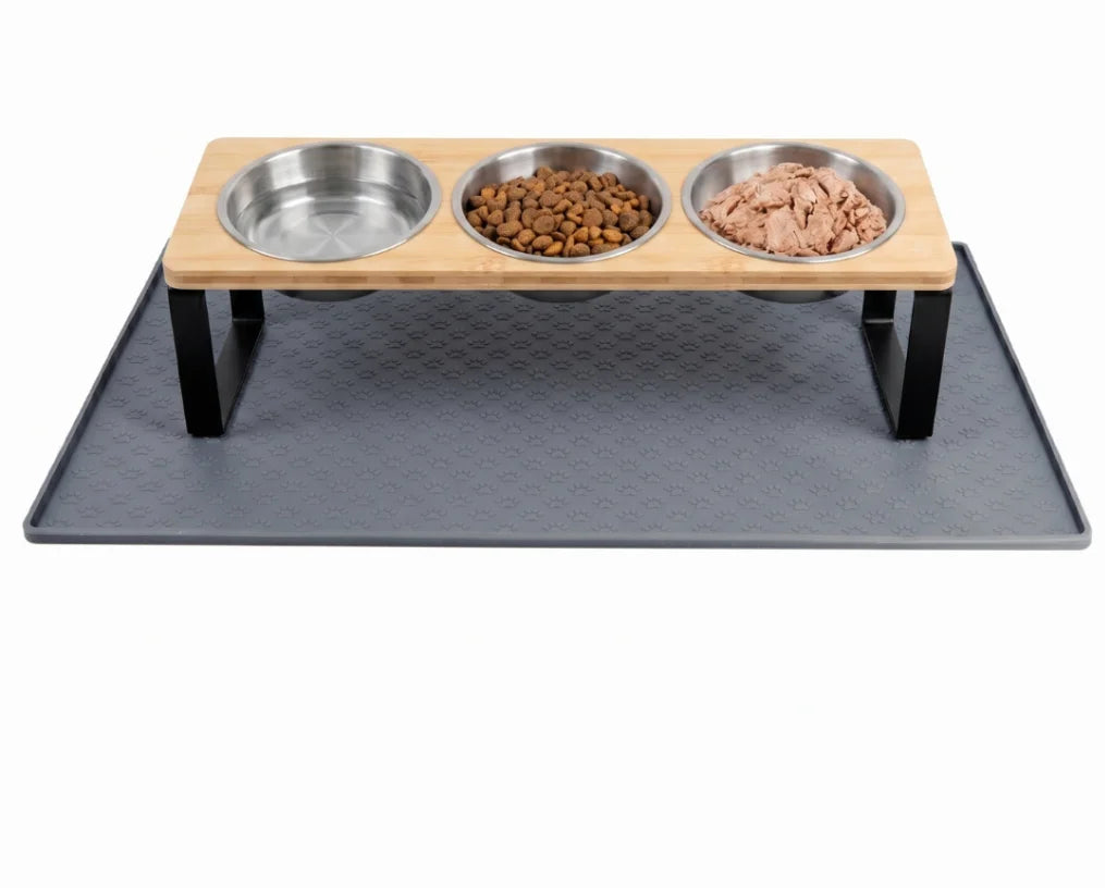 Elevated Stainless Steel Cat Feeder With Tilted Bamboo Stand