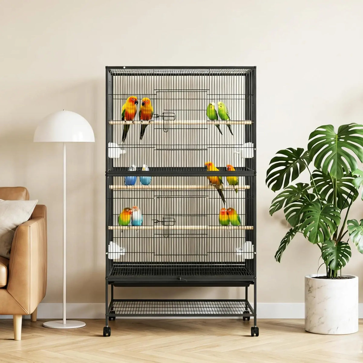 HiMISS Large Bird Cage With Rolling Stand And Feed Bowls