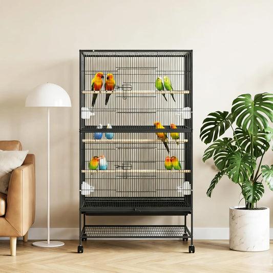 HiMISS Large Bird Cage With Rolling Stand And Feed Bowls