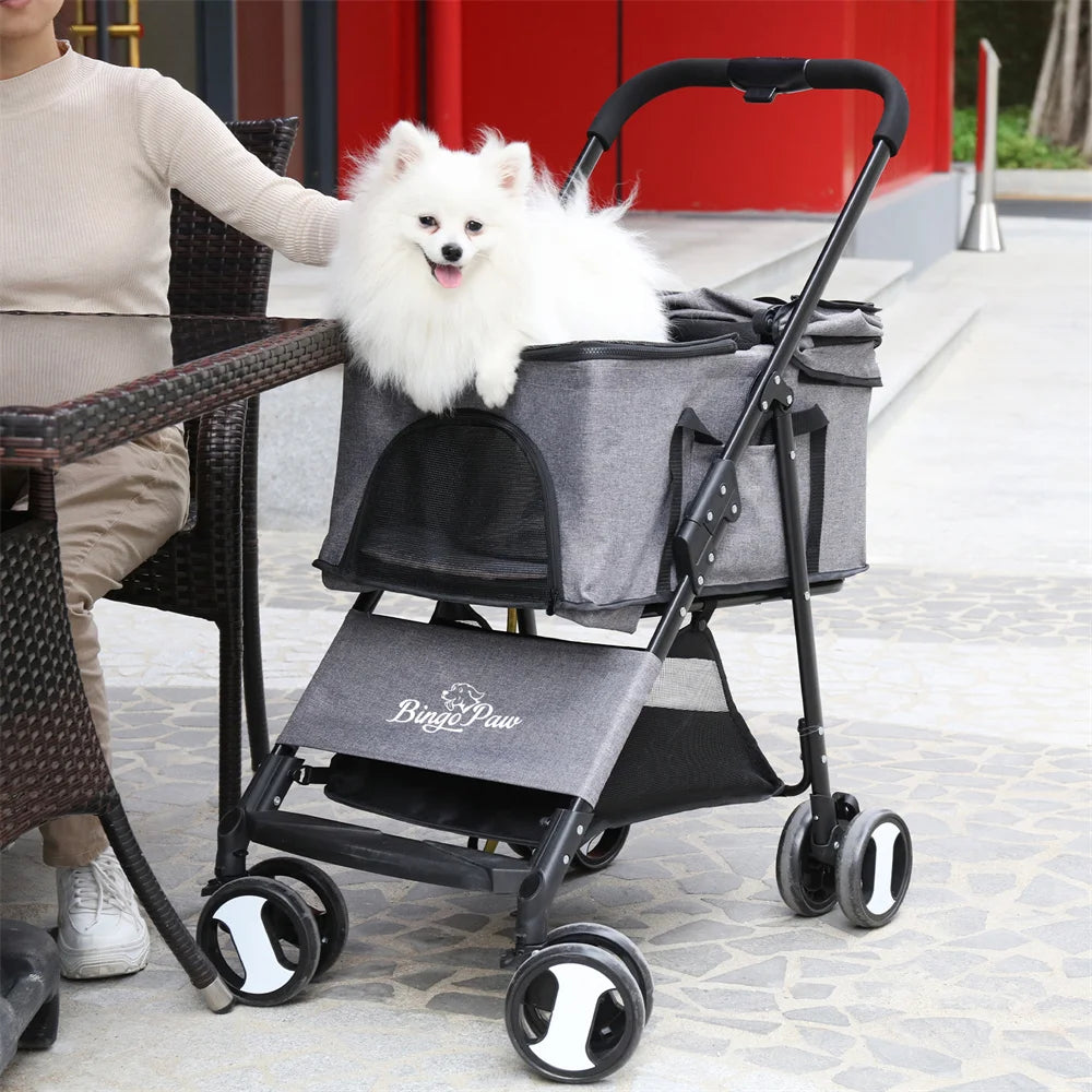 Foldable Pet Stroller With Storage Basket And Durable Wheels