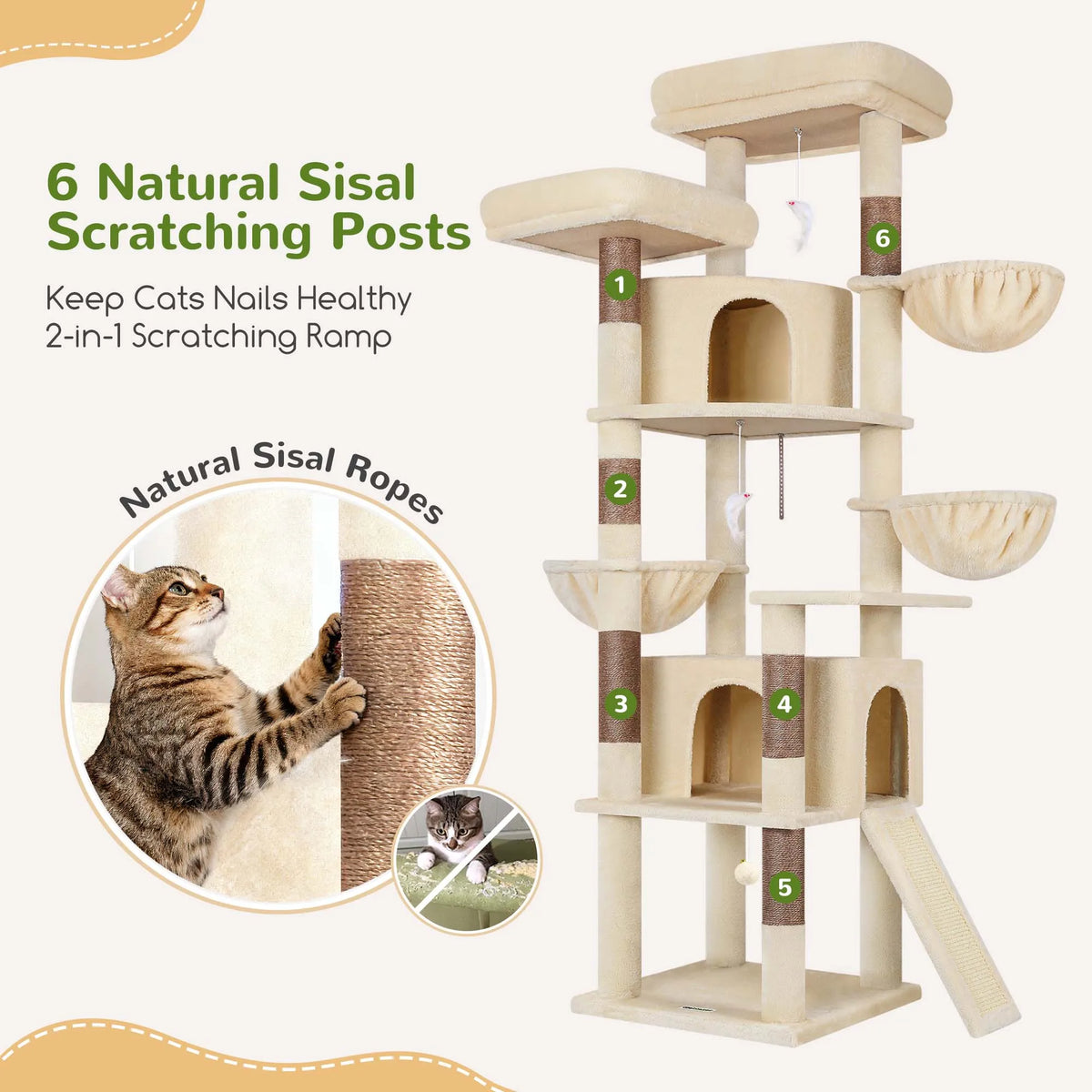 Globlazer 76" Cat Tower for 2-3 Large Cats Multi-Level Cat Tree with Hammock Scratching Post 2 Condos and 3 Hammocks