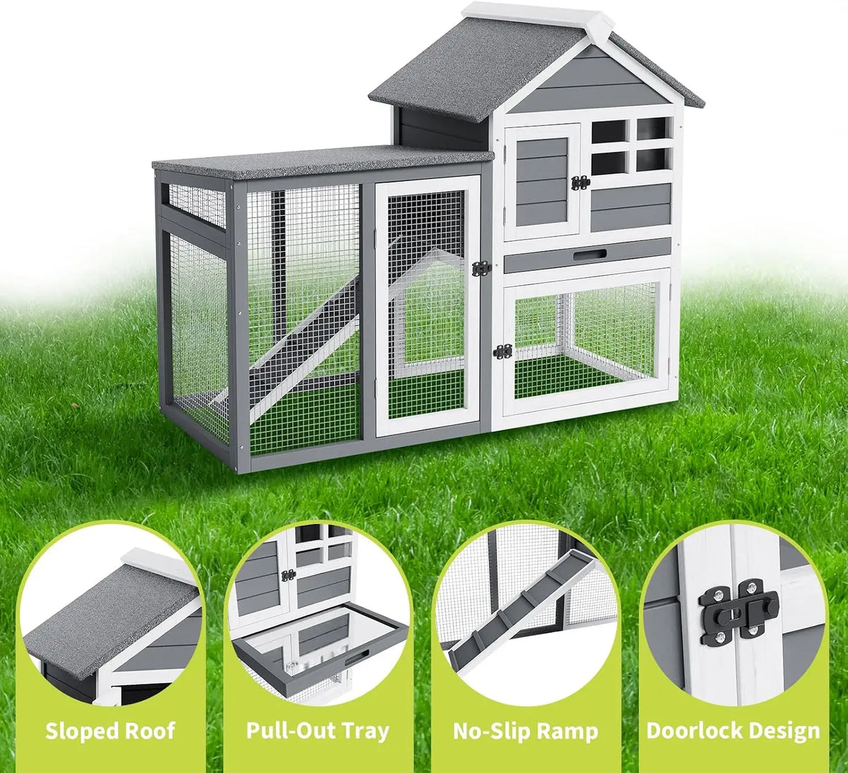 Large 2-Story Indoor Outdoor Wooden Rabbit Hutch Mobile Bunny Cage Waterproof Roof with Pull-Out Tray and Waterproof Roof Small Animal Enclosur for Rabbits, Guinea Pigs, Ducks, Chickens