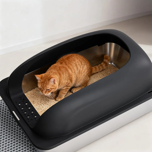 JHK Covered Stainless Steel Cat Litter Box With Scoop and Mat