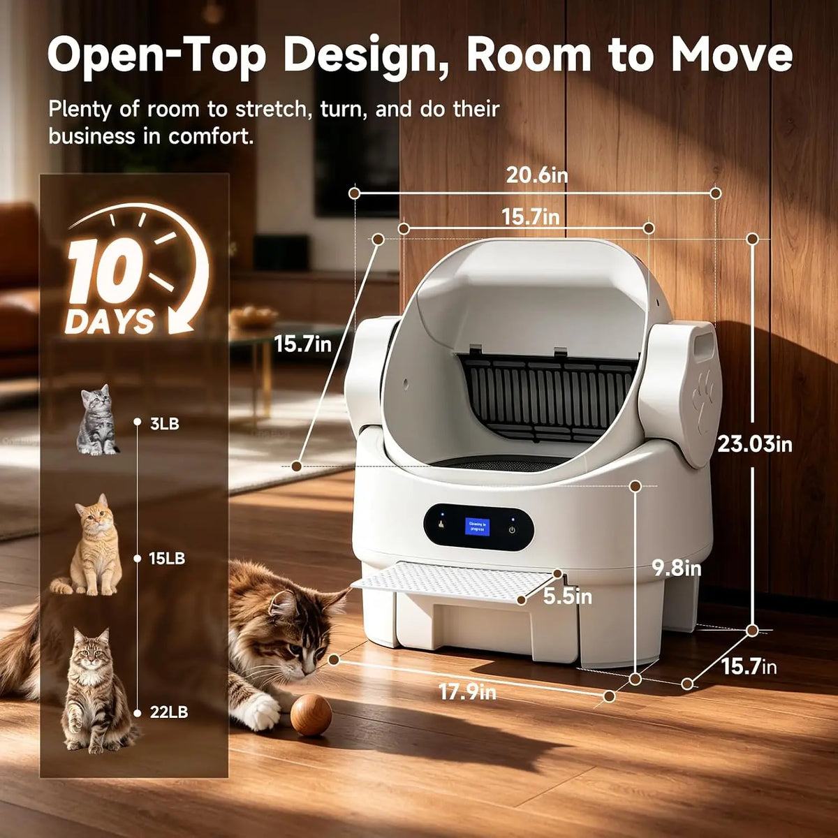 Self Cleaning Open Top Automatic Multiple Cat Litter Box, White