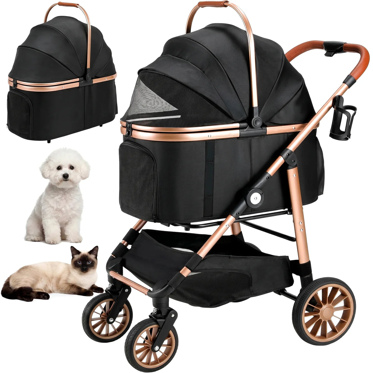 Foldable All Terrain Pet Stroller 3in1 Carrier Storage Cup Holder