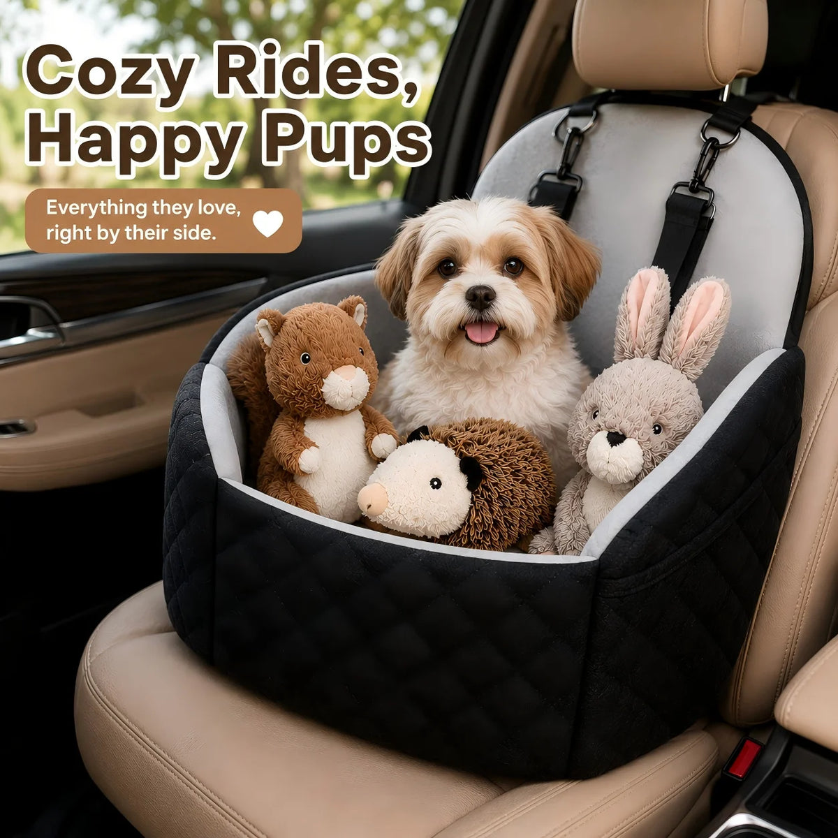 Dog Car Seat Bed With Securing Straps And Plush Toys