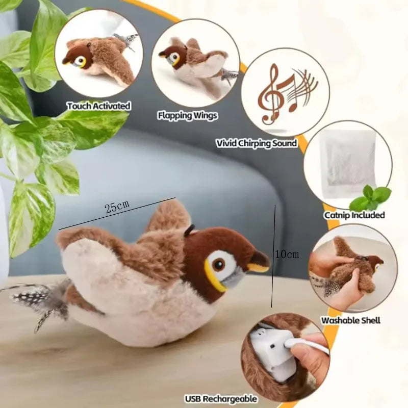 Touch Activated Simulated Bird Cat Toy Interactive Flapping Plush Plaything
