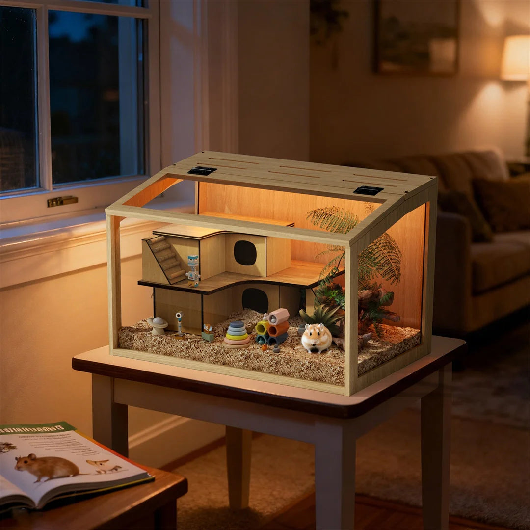 Wooden Hamster Cage With Glass Panels And LED Light Habitat