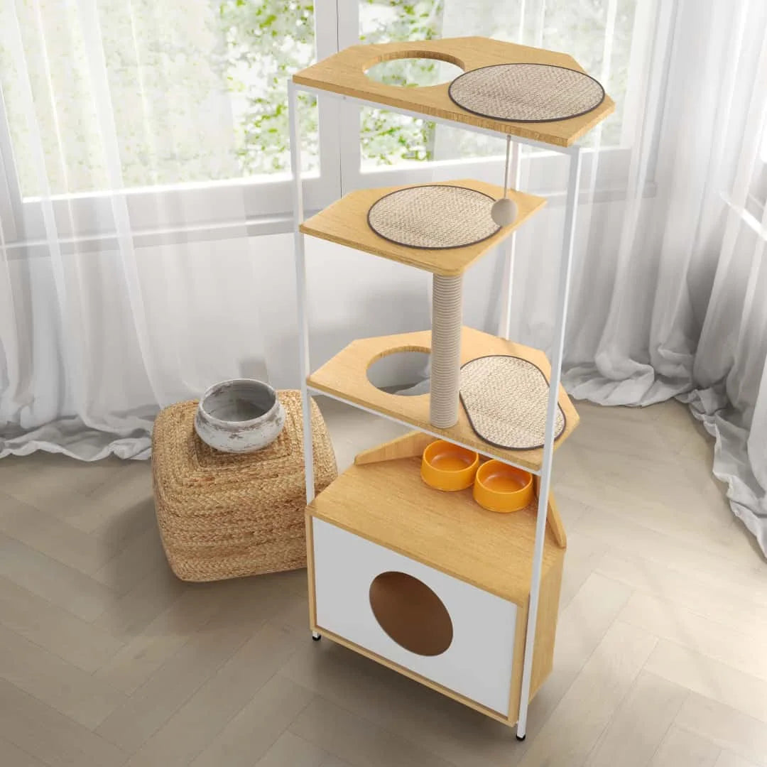 Corner Cat Tree With Feeding Station And Scratching Post