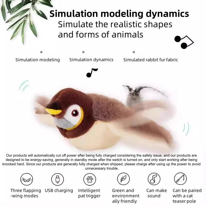 Touch Activated Simulated Bird Cat Toy Interactive Flapping Plush Plaything