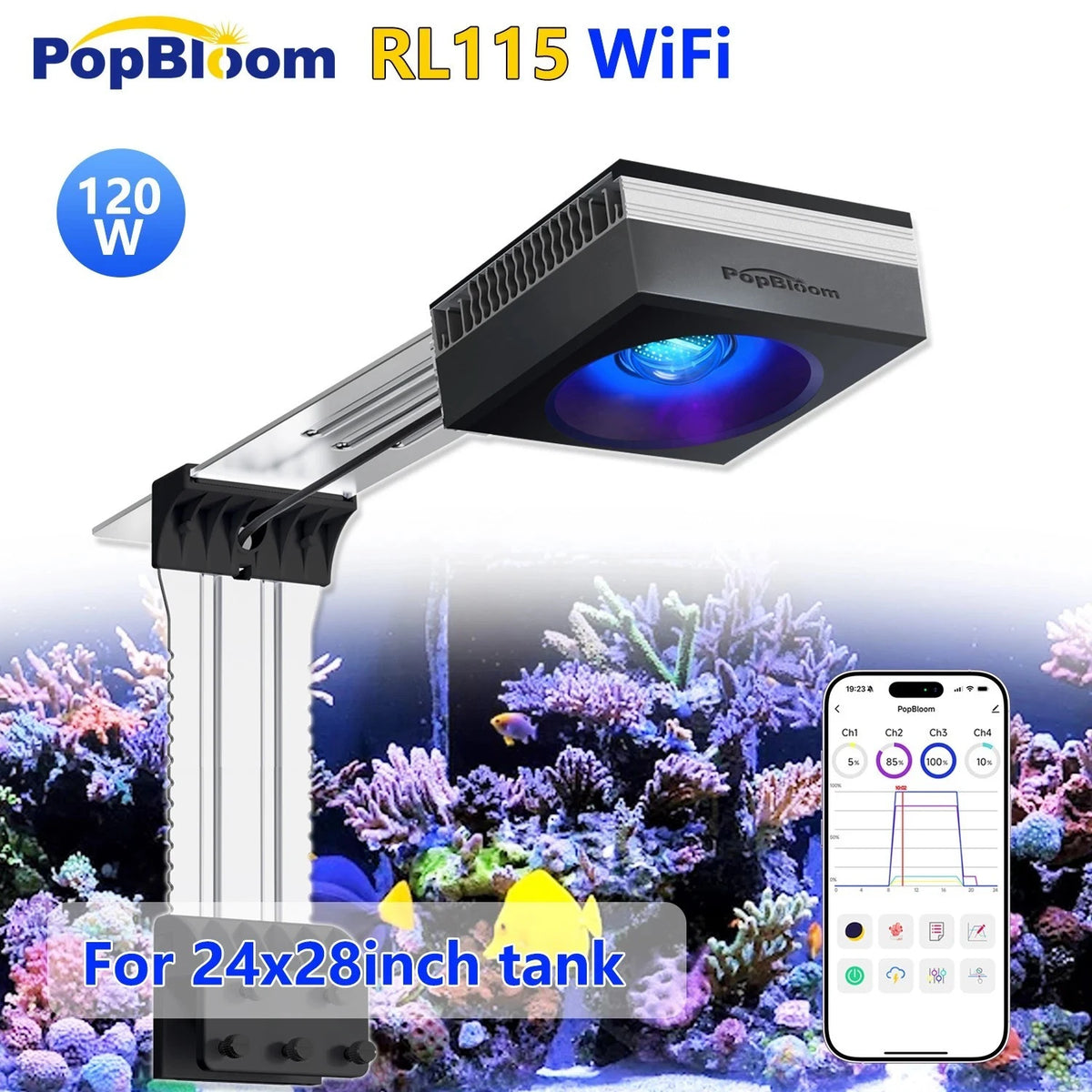 PopBloom WiFi Reef LED Light, 60W 90W 120W Full Spectrum Marine Reef LED Aquarium Lighting for Soft/LPS Corals & Saltwater Fish Nano Tanks, Built-in Timer, Sunrise Sunset