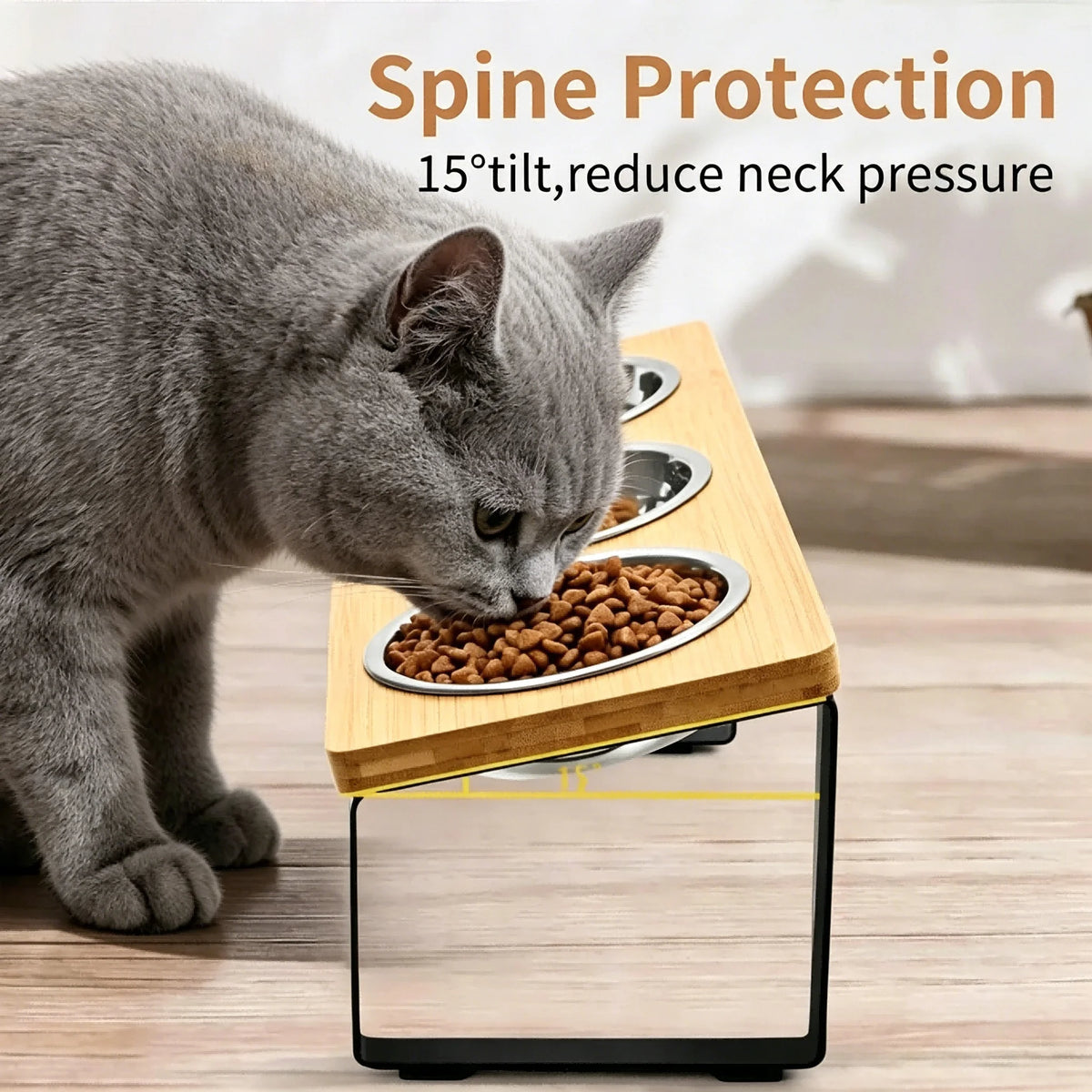 Elevated Stainless Steel Cat Feeder With Tilted Bamboo Stand