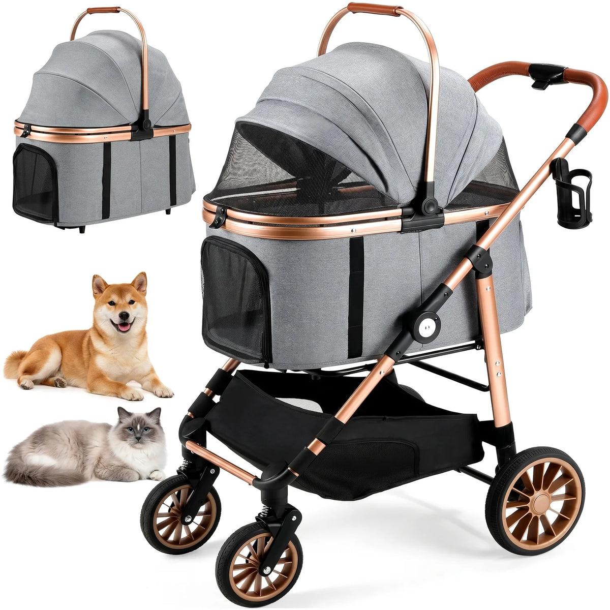 Foldable All Terrain Pet Stroller 3in1 Carrier Storage Cup Holder