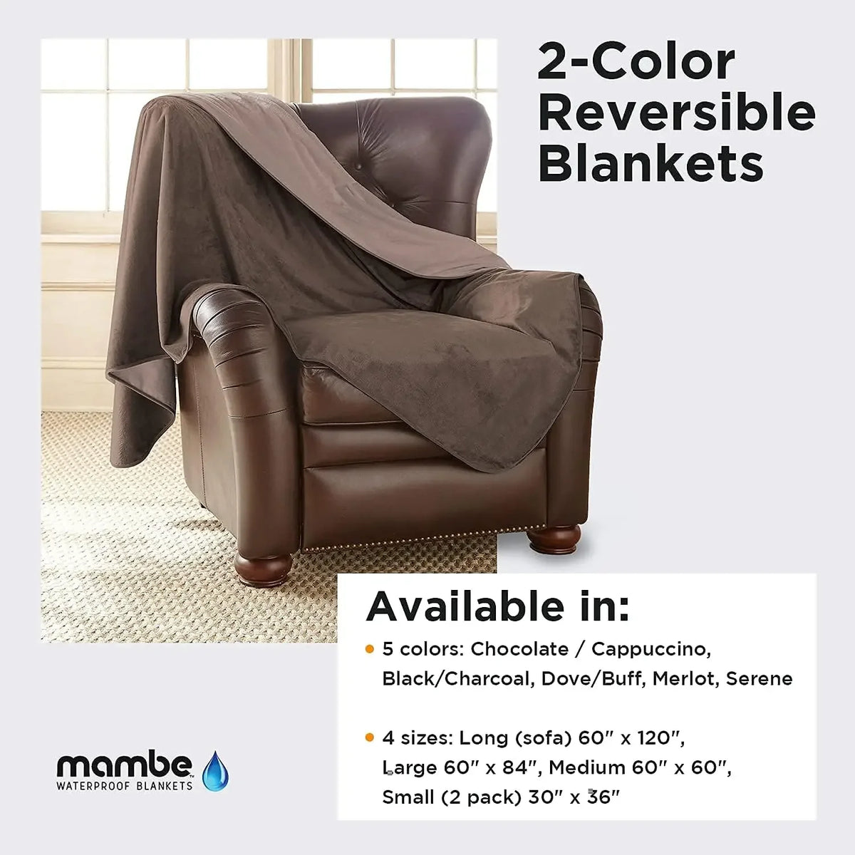 Mambe Silky Waterproof Throw Blanket for Pets & Incontinence – 70x70 Luxury Soft Reversible Washable Blanket to Protect Furniture Bed Sofa from Dogs Cats and Stains (Medium, Chocolate/Cappuccino)
