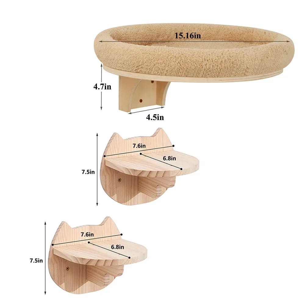 Cat Wall Mounted Wooden Hammock Ladder Scratching Post Perch