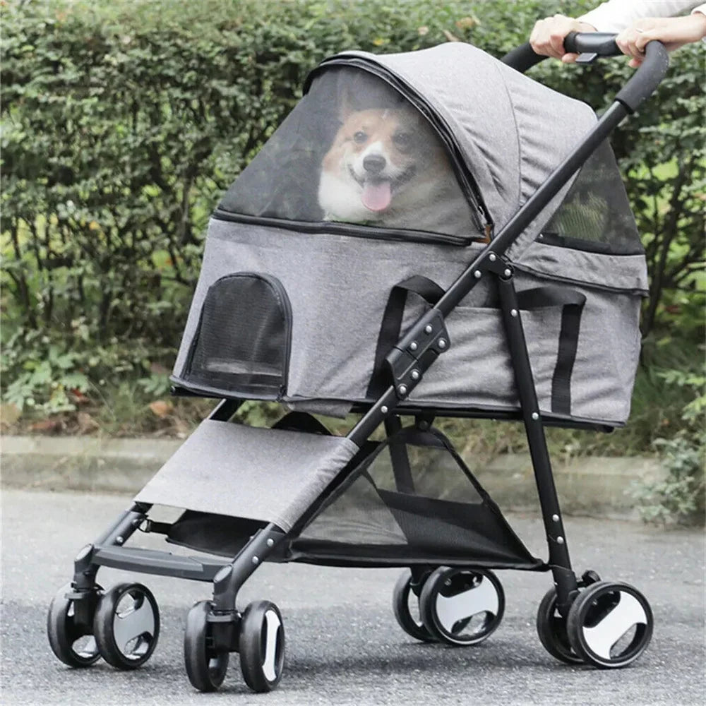 Foldable Pet Stroller With Storage Basket And Durable Wheels