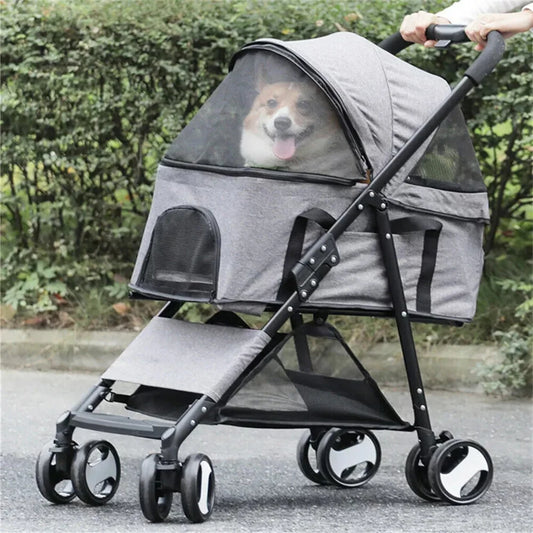 Foldable Pet Stroller With Storage Basket And Durable Wheels