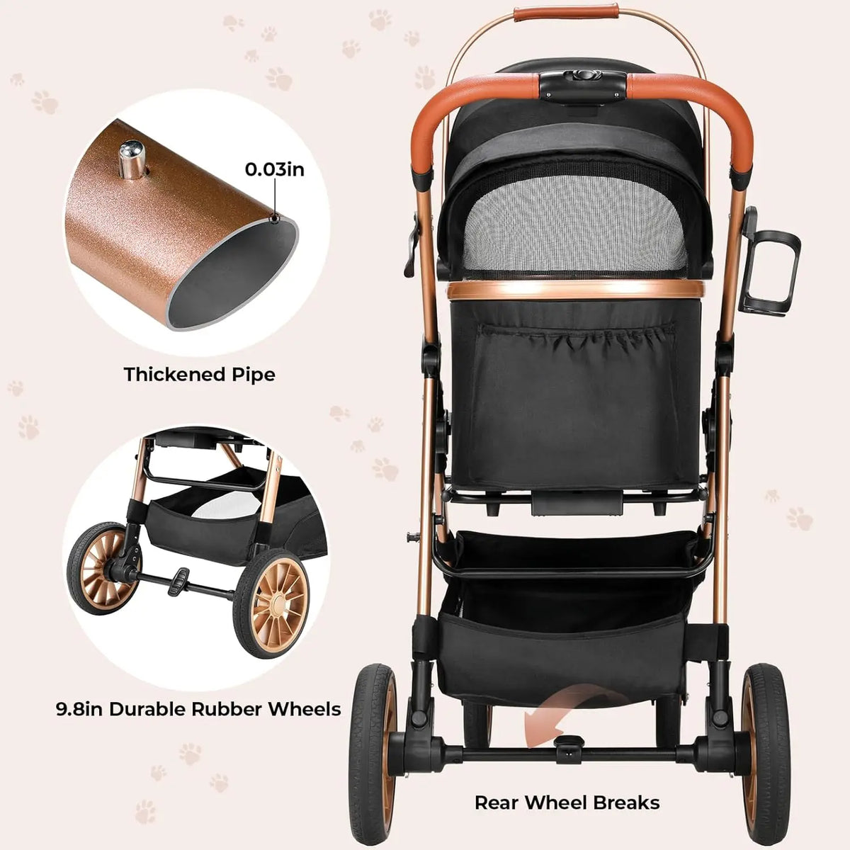 Foldable All Terrain Pet Stroller 3in1 Carrier Storage Cup Holder