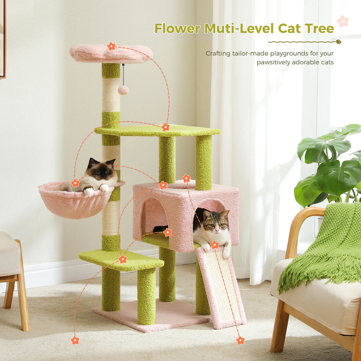 PEQULTI Flower Cat Tree Tower With Sisal Scratching Posts And Hammock