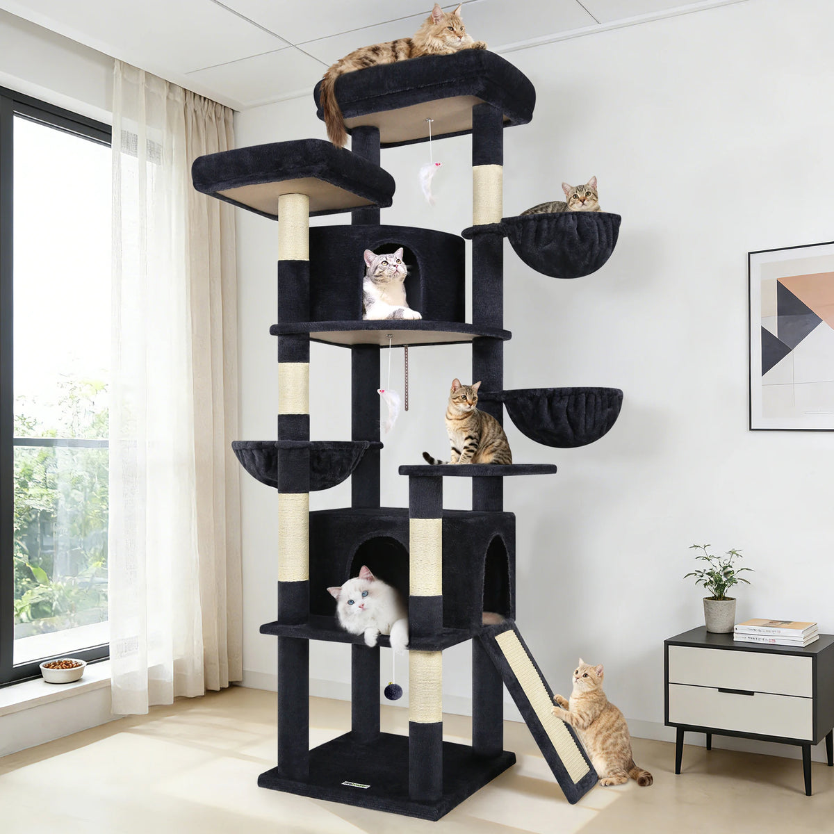Globlazer 76" Cat Tower for 2-3 Large Cats Multi-Level Cat Tree with Hammock Scratching Post 2 Condos and 3 Hammocks