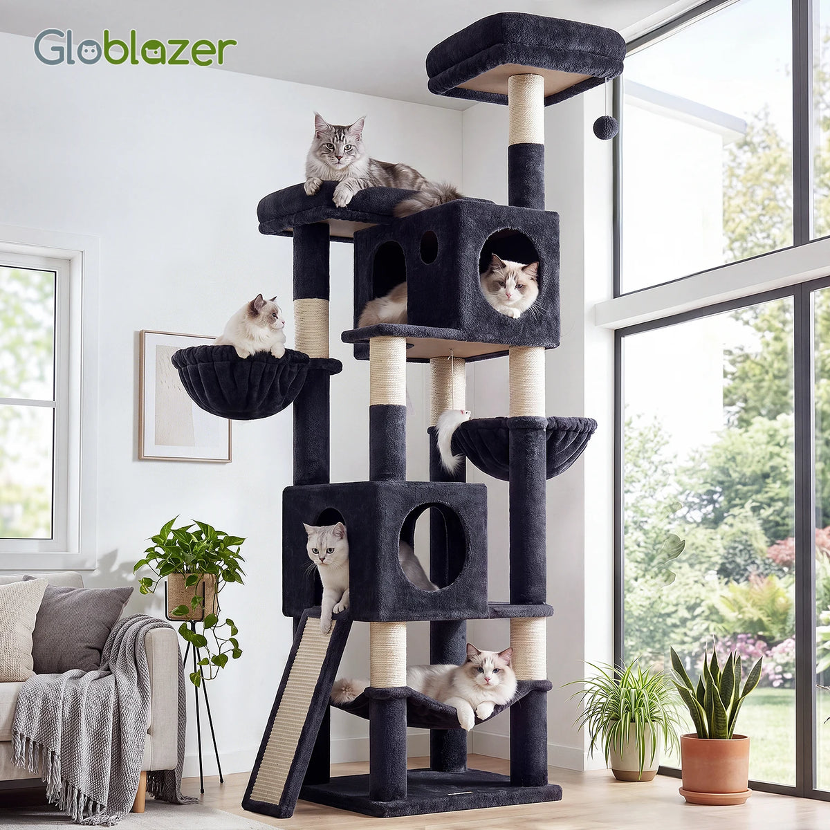 Globlazer 76" Large Cat Tree Tower for Indoor Cats, Multi-Level Cat Climbing Activity Center with 2 Condos, 2 Hammocks, 3 Perches, Sisal Scratching Posts and Board for 2-3 Medium Large Cats