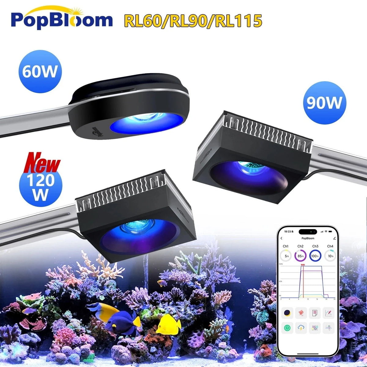 PopBloom WiFi Reef LED Light, 60W 90W 120W Full Spectrum Marine Reef LED Aquarium Lighting for Soft/LPS Corals & Saltwater Fish Nano Tanks, Built-in Timer, Sunrise Sunset