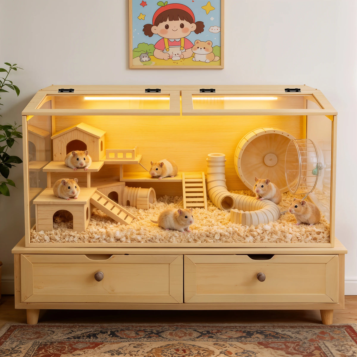 Wooden Hamster Habitat With Tempered Glass And LED Lighting