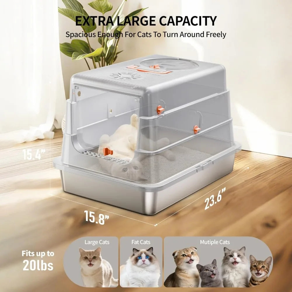 Xiuwo Enclosed Stainless Steel Cat Litter Box With Flip Cover