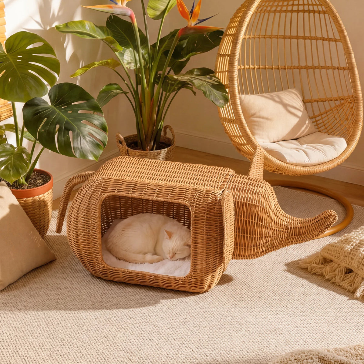 PEQULTI Handmade Rattan Cat Condo Bed With Plush Cushion Hideaway