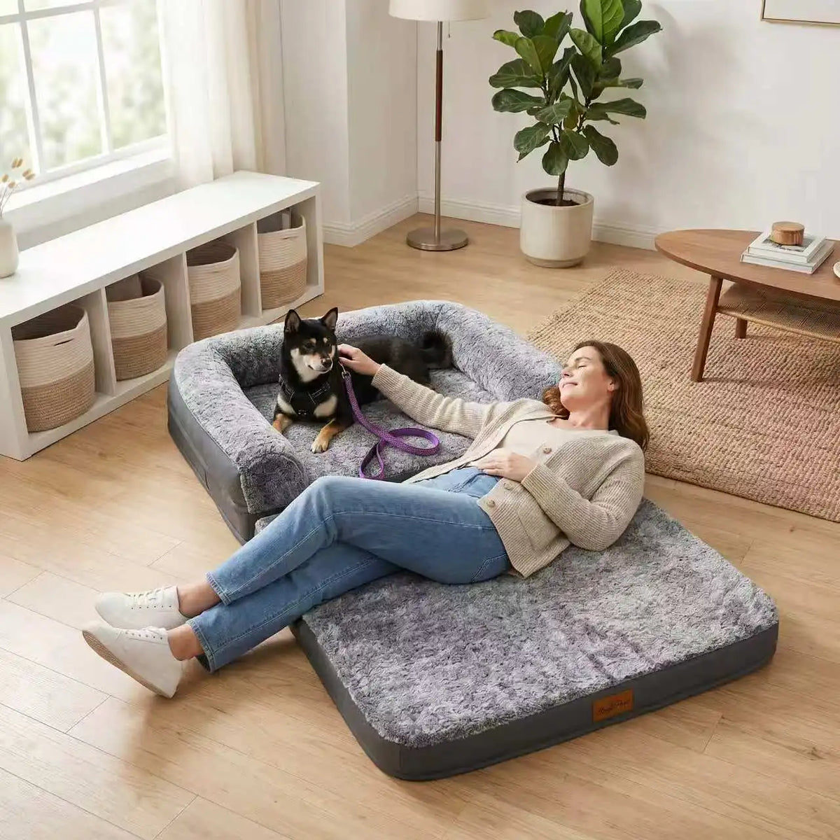 Bingopaw Human Size Dog Bed for Adults & Pets, Foldable Giant Dog Bed Mat with Scratch-Proof PU Leather Edge, High Density Foam Orthopedic Pet Couch Floor Bed, Washable Cover & Handles, 71"x37"